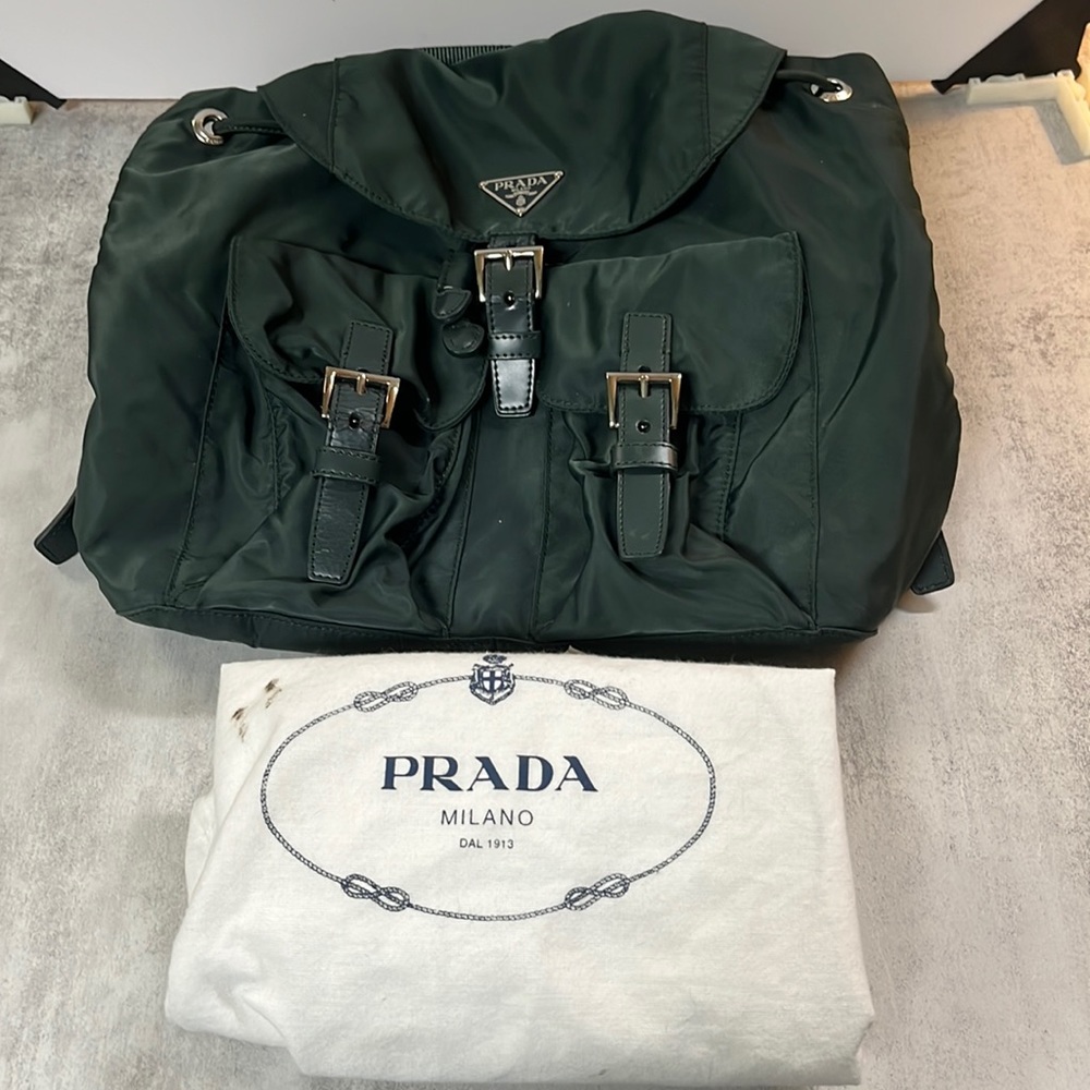Prada Tessuto Green triangle-logo backpack with dust bag